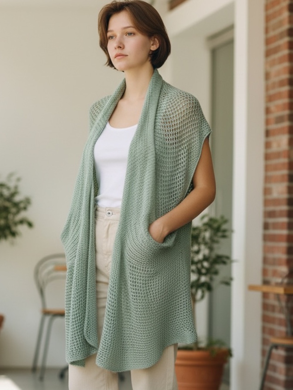 Y2K GREEN OPEN KNIT LONG BOHO OVERSIZED RELAXED FIT VEST BY JON & ANNA SIZE XL